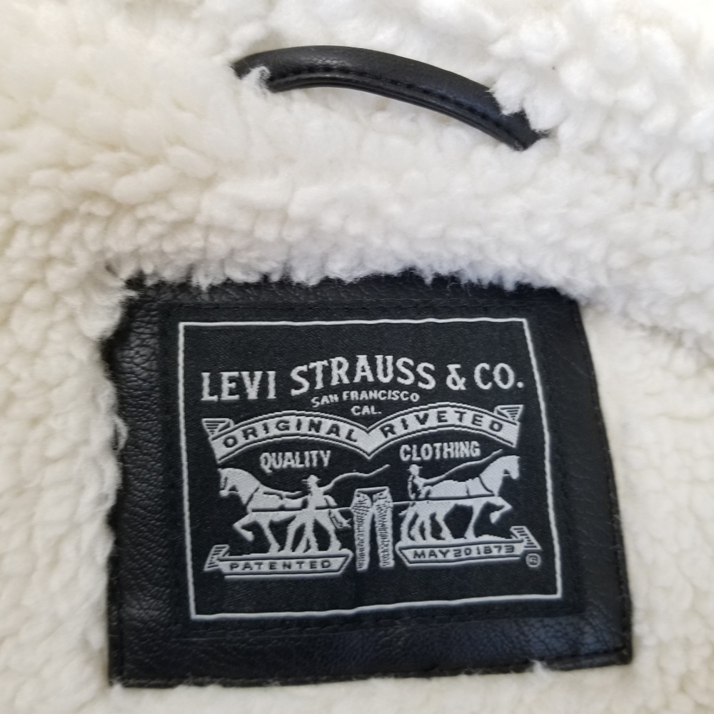Levi's Faux Leather Shearling Lined Bomber Jacket Large - Picture 7 of 9
